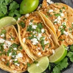 Healthy Crockpot Chicken Tacos served with lime wedges and fresh cilantro on a black plate