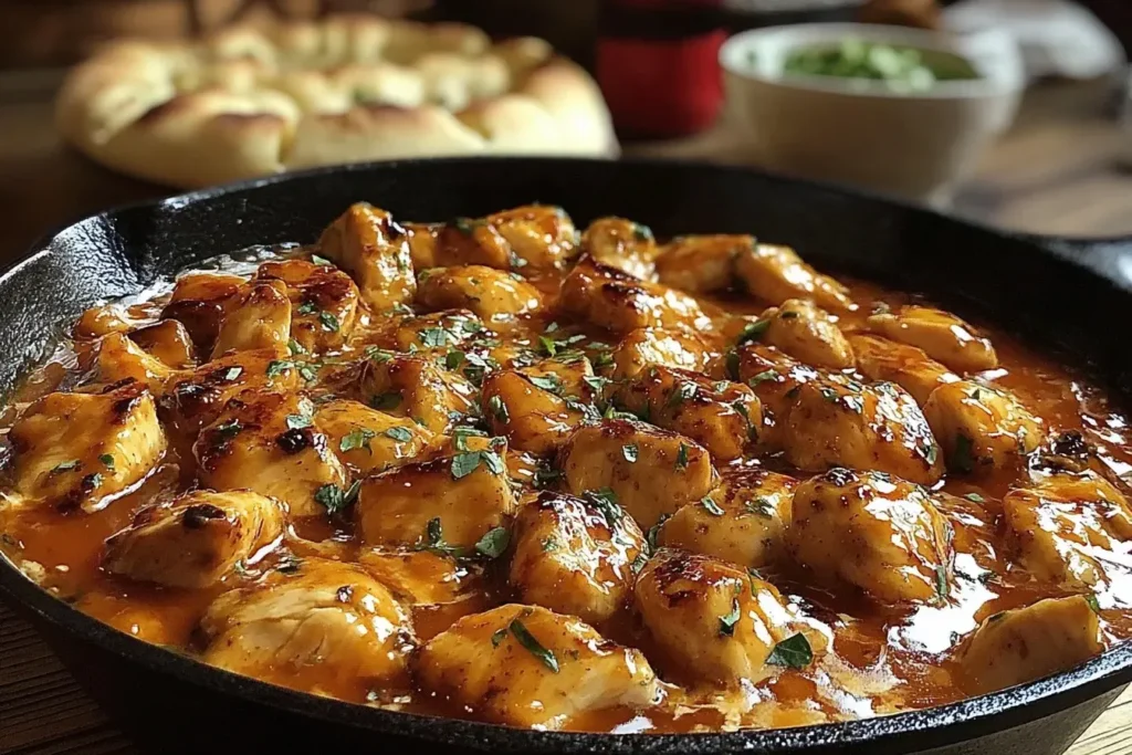 Texas Roadhouse Butter Chicken Skillet in a cast-iron pan with rich buttery sauce and fresh herbs on top