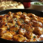 Texas Roadhouse Butter Chicken Skillet in a cast-iron pan with rich buttery sauce and fresh herbs on top