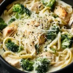Creamy Crockpot Chicken Broccoli Alfredo pasta with tender chicken, fresh broccoli, and Parmesan cheese in a black bowl.