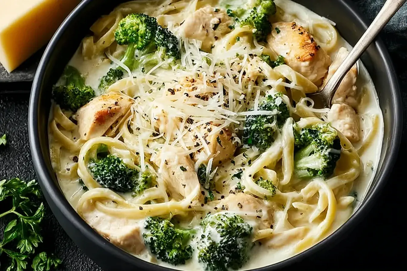 Creamy Crockpot Chicken Broccoli Alfredo pasta with tender chicken, fresh broccoli, and Parmesan cheese in a black bowl.