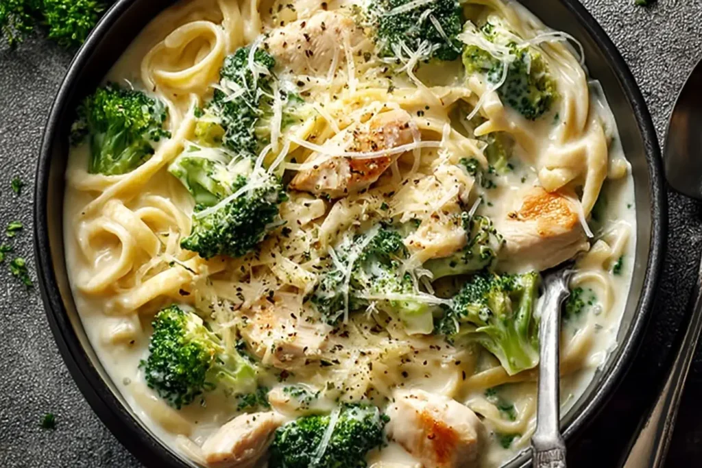 Creamy Crockpot Chicken Broccoli Alfredo pasta with tender chicken pieces, fresh broccoli, and melted Parmesan in a bowl.