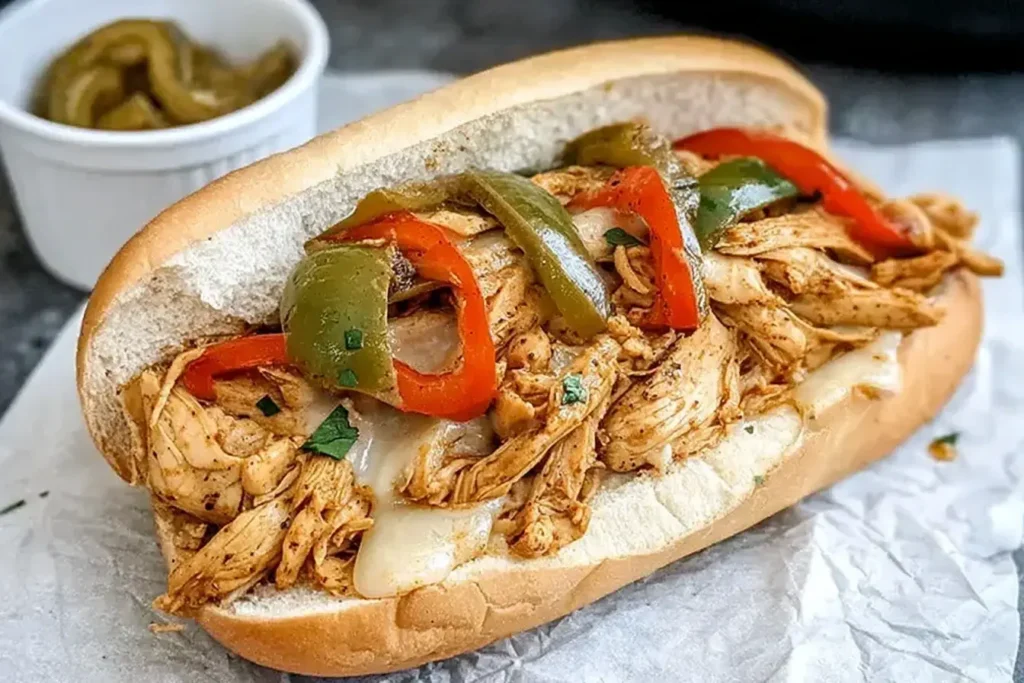 Crockpot Chicken Philly Cheesesteak sandwich with shredded chicken, melted cheese, and sautéed peppers on a hoagie roll.