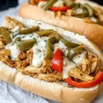 Crockpot Chicken Philly Cheesesteak hoagies topped with melted provolone, green and red peppers, and shredded chicken.