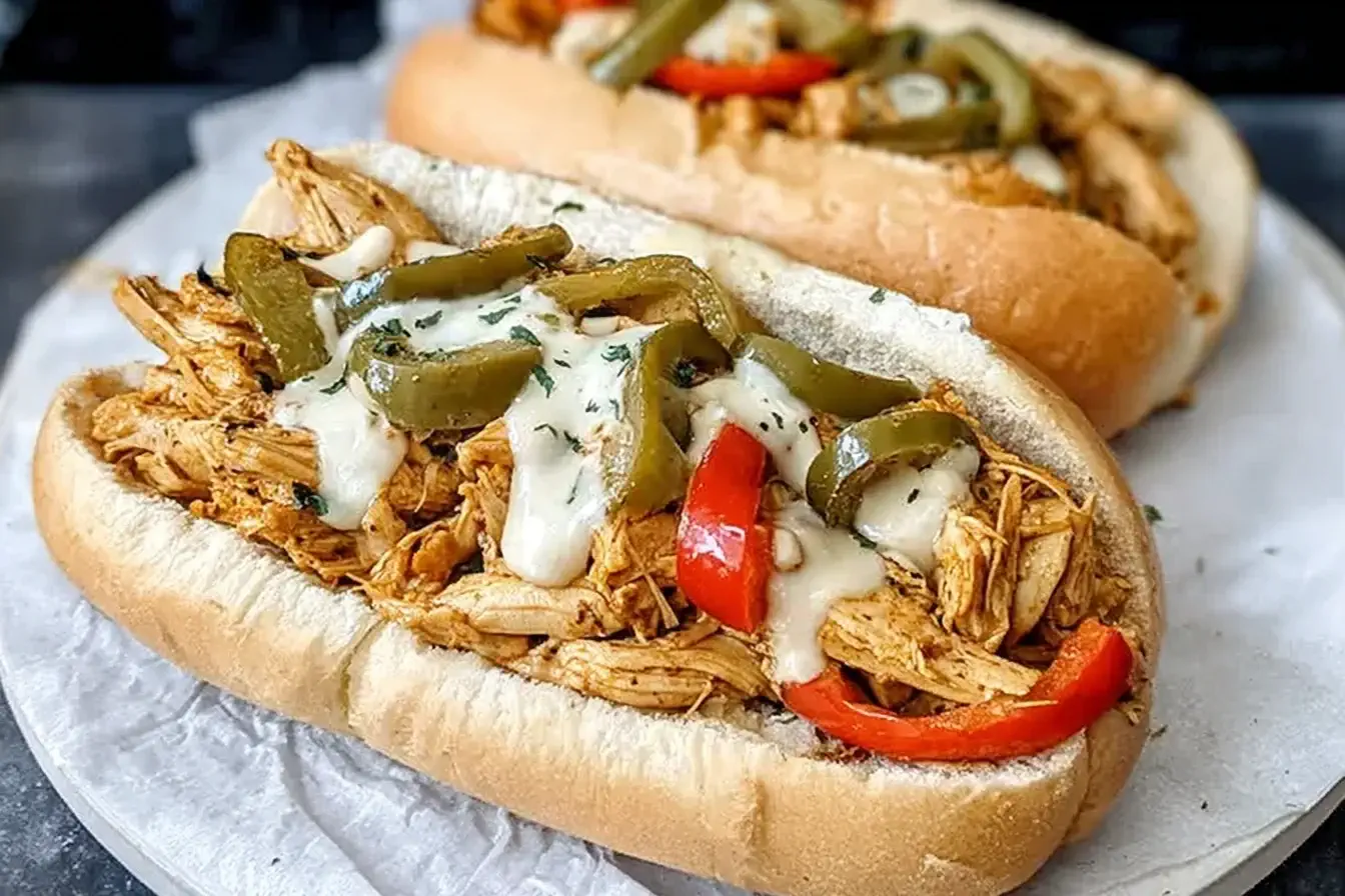 Crockpot Chicken Philly Cheesesteak hoagies topped with melted provolone, green and red peppers, and shredded chicken.