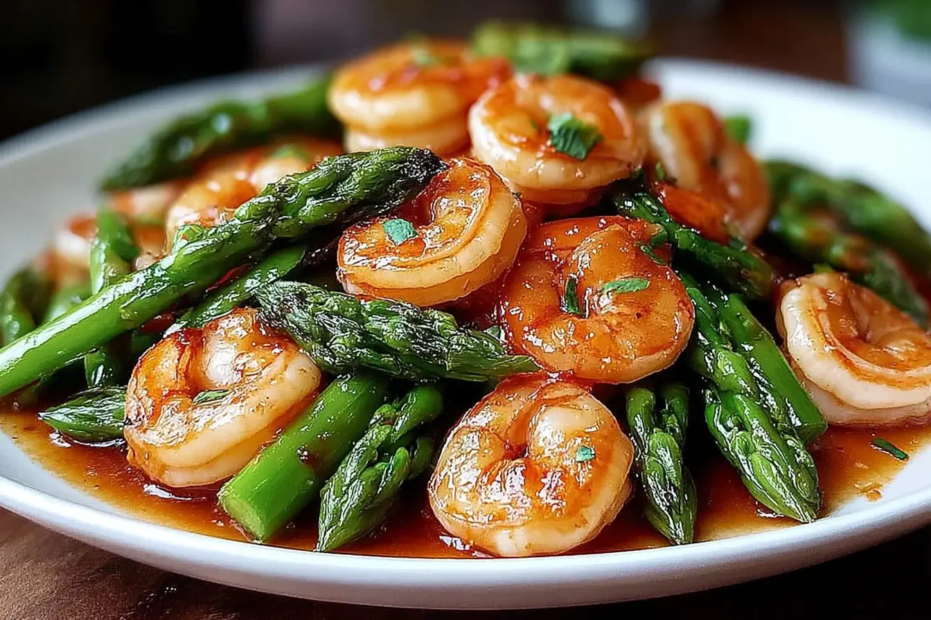 Shrimp Asparagus Stir Fry with tender shrimp, crisp asparagus, and savory sauce on a white plate.