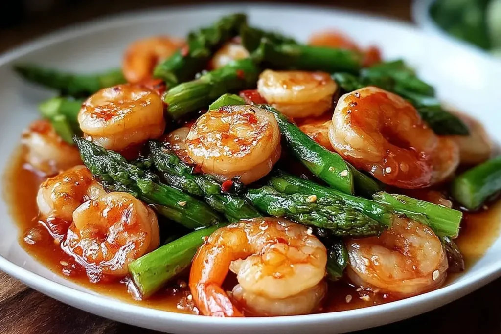 Shrimp Asparagus Stir Fry with juicy shrimp, fresh asparagus, and savory sauce served on a white plate.