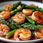 Shrimp Asparagus Stir Fry with juicy shrimp, fresh asparagus, and savory sauce served on a white plate.