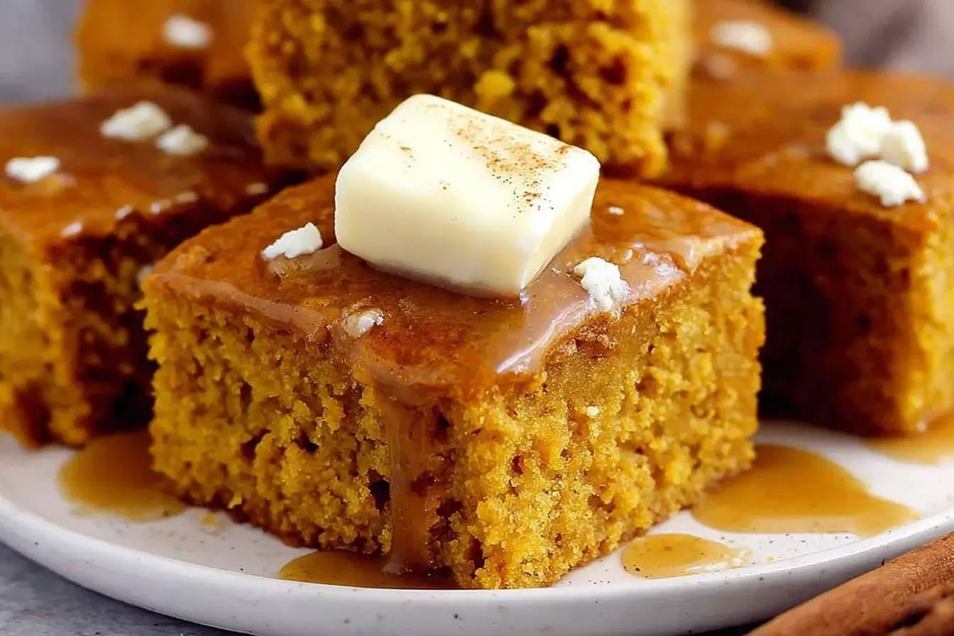 Moist pumpkin cornbread with cinnamon honey butter melting on top