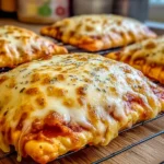 Freshly baked Cheesy Pizza Pockets cooling on a wire rack, topped with golden melted mozzarella and herbs.