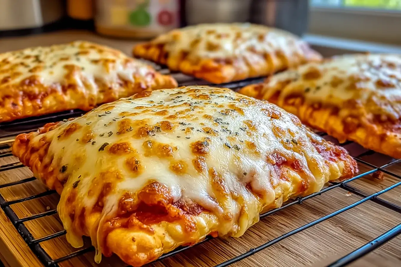 Freshly baked Cheesy Pizza Pockets cooling on a wire rack, topped with golden melted mozzarella and herbs.