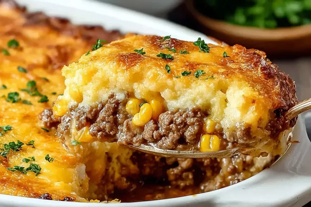 Cheddar Bay Ground Beef Cobbler with golden biscuit topping and savory beef filling