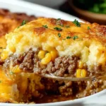 Cheddar Bay Ground Beef Cobbler with golden biscuit topping and savory beef filling