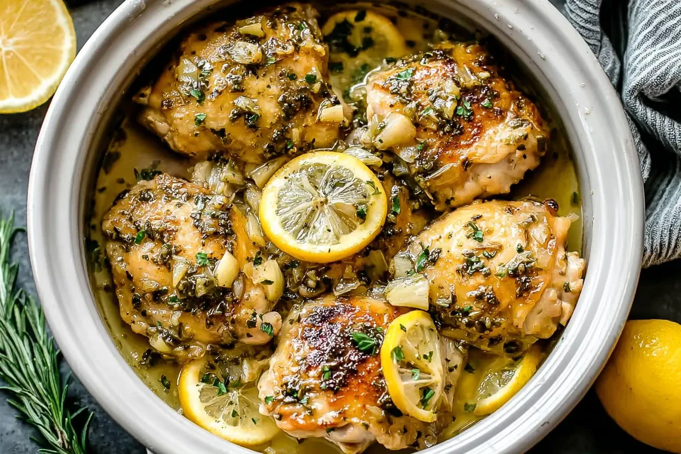 Slow Cooker Lemon Garlic Chicken simmering in a crockpot with lemon slices, garlic, and herbs