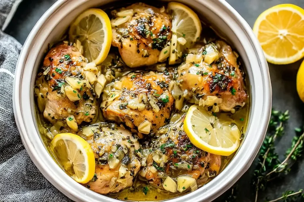 Slow Cooker Lemon Garlic Chicken thighs in a crockpot with lemon slices, herbs, and garlic