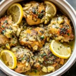 Slow Cooker Lemon Garlic Chicken thighs in a crockpot with lemon slices, herbs, and garlic