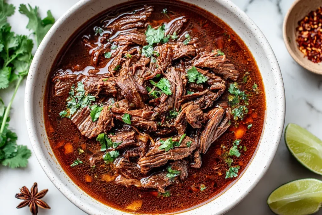 Bowl of savory Crockpot Mexican Beef Birria topped with fresh cilantro and lime slices.