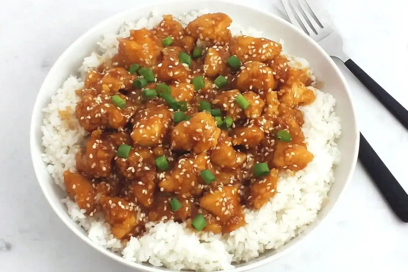 Crockpot Sweet and Sour Chicken served over white rice, topped with sesame seeds and green onions.