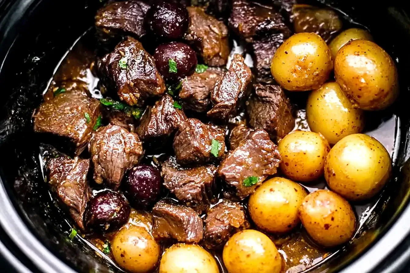 Crockpot Garlic Butter Beef Bites with Potatoes simmering in slow cooker with tender beef, baby potatoes, and rich garlic butter sauce.
