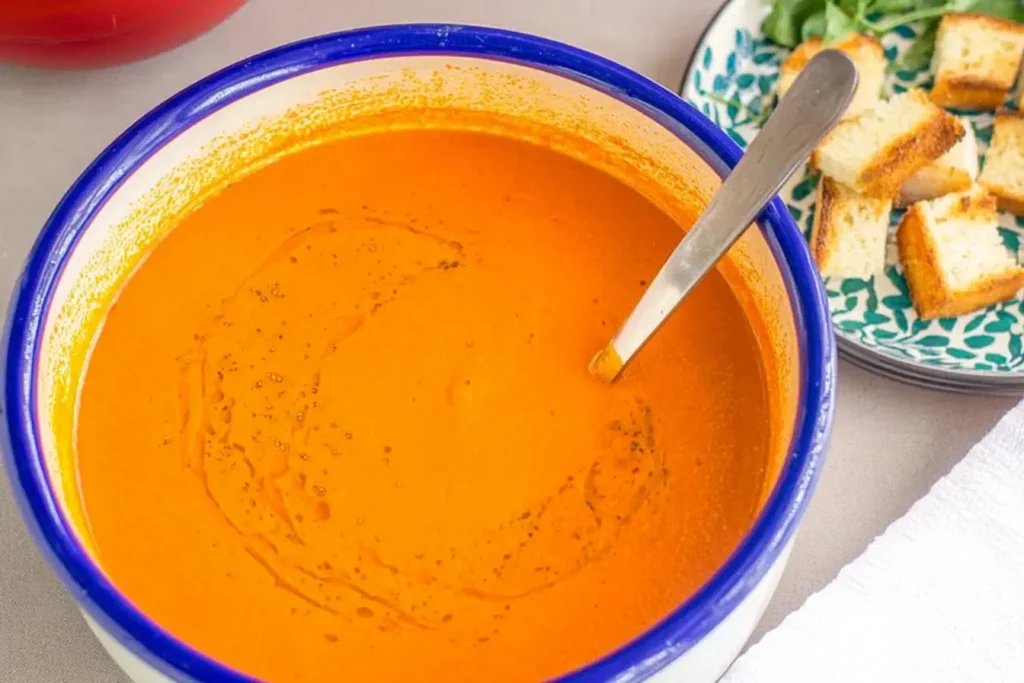 Bowl of creamy fresh tomato soup with croutons on the side