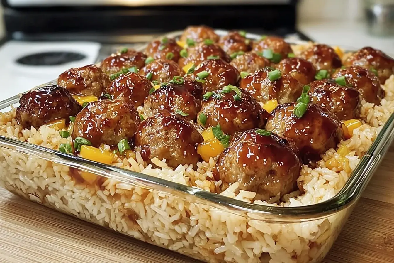 Honey Garlic Meatball Rice Bake with juicy glazed meatballs over fluffy rice and peppers, baked to perfection in a glass dish.