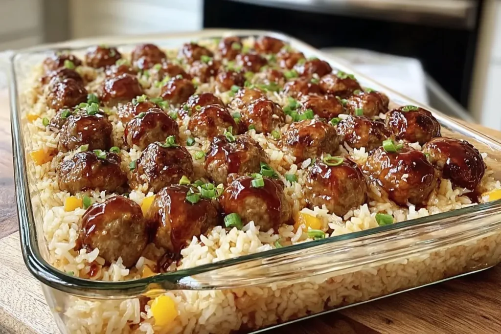 Honey Garlic Meatball Rice Bake in a glass dish with glazed meatballs, fluffy rice, and colorful peppers, topped with fresh green onions.