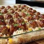 Honey Garlic Meatball Rice Bake in a glass dish with glazed meatballs, fluffy rice, and colorful peppers, topped with fresh green onions.