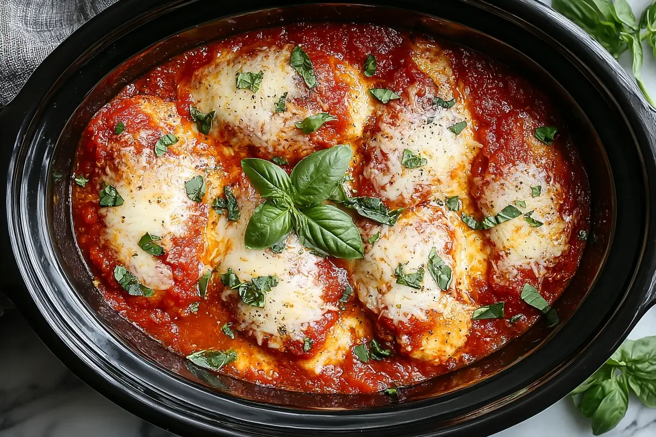 Crockpot Chicken Parmesan with marinara sauce, melted mozzarella, and fresh basil in a slow cooker.