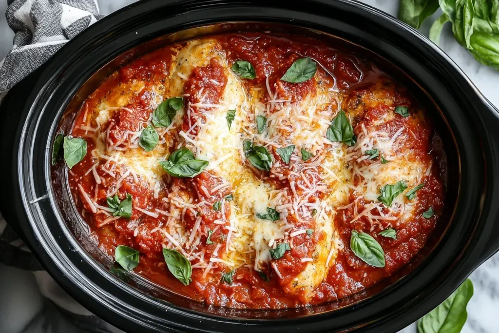 Crockpot Chicken Parmesan topped with melted cheese, marinara sauce, and fresh basil in a slow cooker.