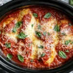 Crockpot Chicken Parmesan topped with melted cheese, marinara sauce, and fresh basil in a slow cooker.
