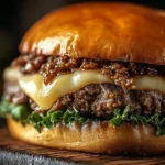Juicy Steakhouse Burger Sloppy Joes with melted cheese and crisp lettuce on a toasted bun.