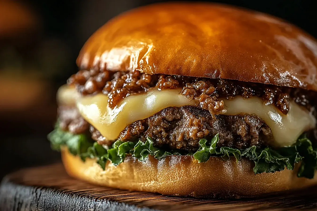 Juicy Steakhouse Burger Sloppy Joes with melted cheese and crisp lettuce on a toasted bun.