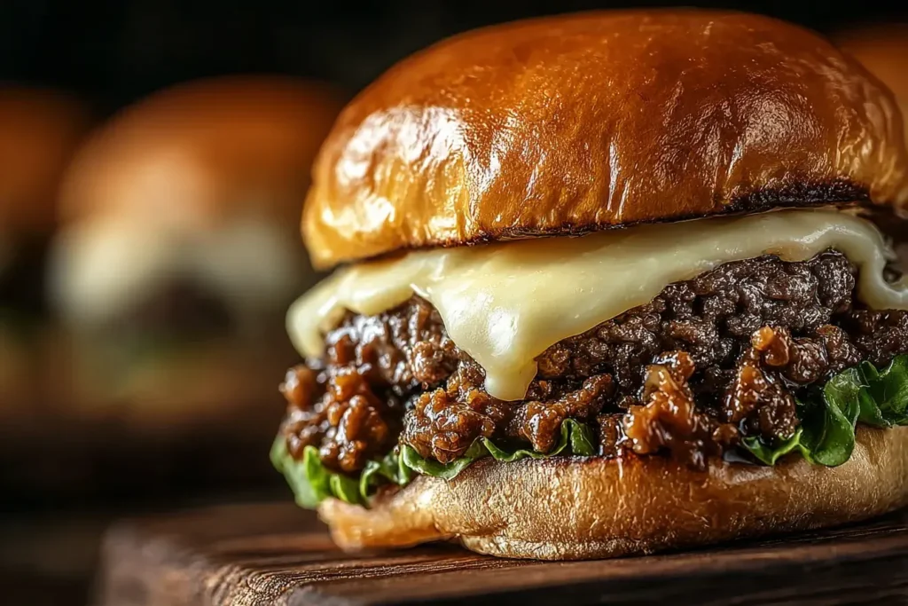 Close-up of Steakhouse Burger Sloppy Joes with melted cheese, saucy beef, and crisp lettuce on a golden toasted bun.