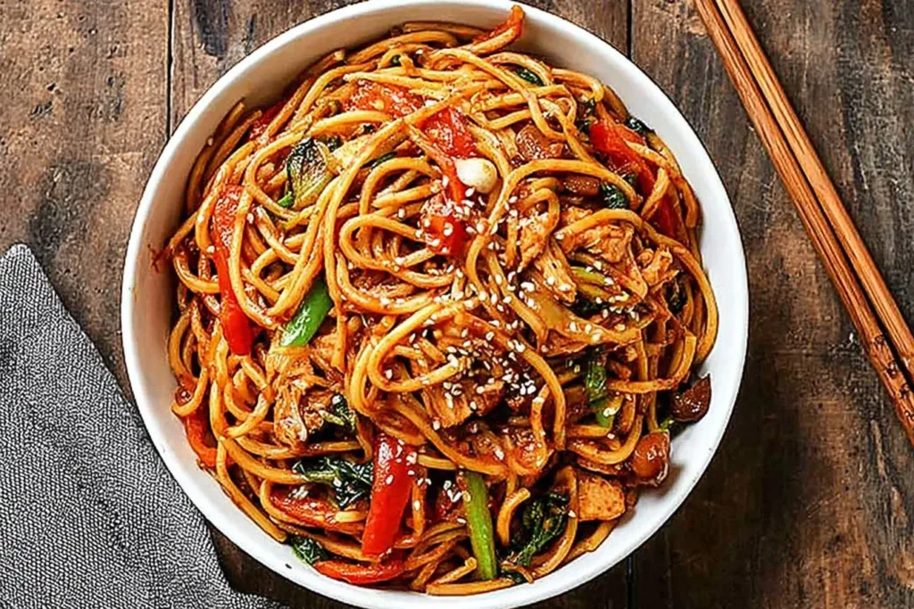 Bowl of Crockpot Chicken Lo Mein topped with sesame seeds and colorful vegetables on a rustic wood table.