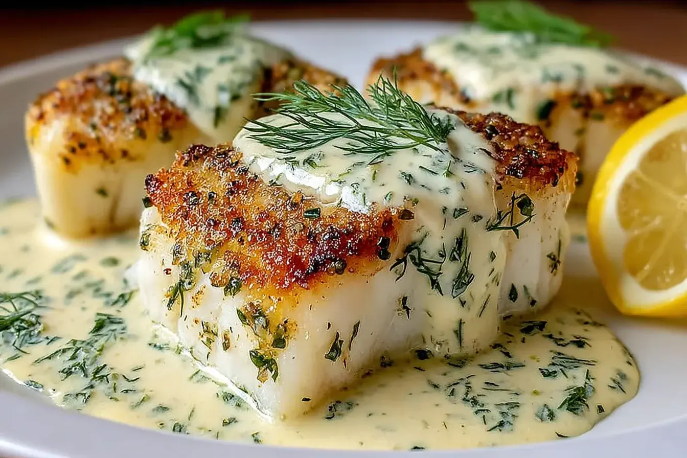 Baked Cod with Lemon-Dill Sauce topped with creamy yogurt-dill dressing and fresh herbs, served with lemon slices on a white plate.