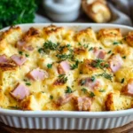 Baked Eggs Benedict Casserole with golden bread cubes, ham, and melted cheese topped with fresh herbs in a white dish.