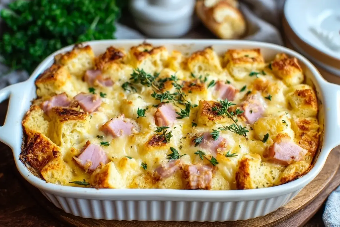 Baked Eggs Benedict Casserole with golden bread cubes, ham, and melted cheese topped with fresh herbs in a white dish.