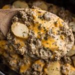 Cheesy Crockpot Hamburger Potato Casserole scooped with a wooden spoon from a slow cooker