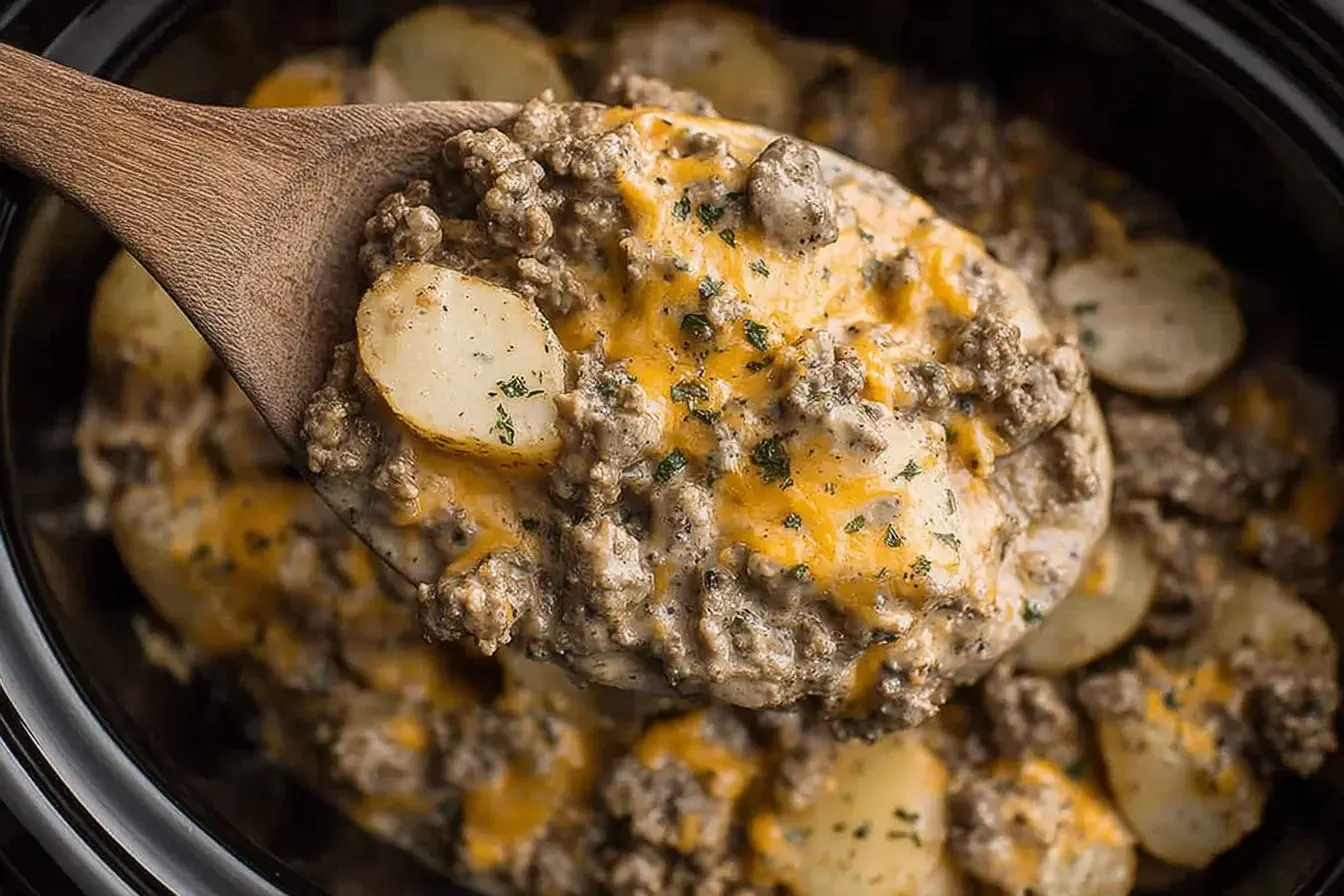 Cheesy Crockpot Hamburger Potato Casserole scooped with a wooden spoon from a slow cooker