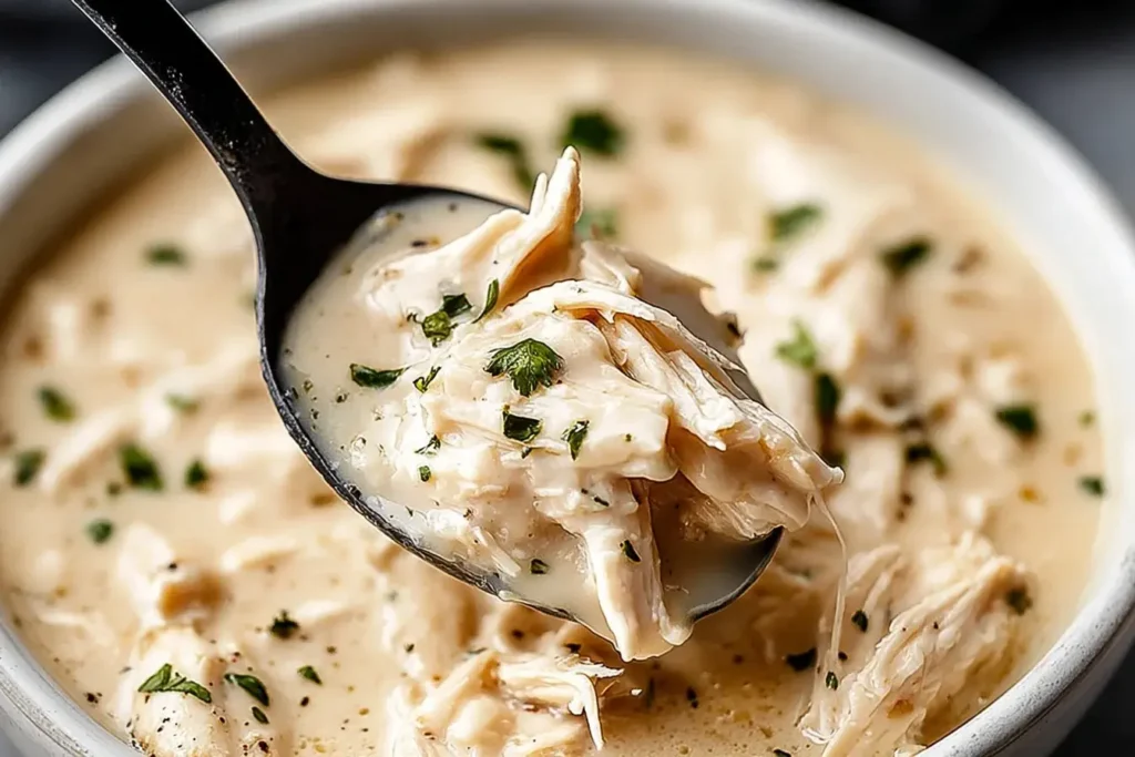 Close-up of crockpot chicken and gravy on a spoon, garnished with parsley.
