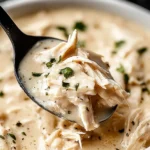 Close-up of crockpot chicken and gravy on a spoon, garnished with parsley.