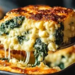 Close-up of a golden, cheesy Italian spinach bake with melted mozzarella and spinach layers being served from a baking dish.