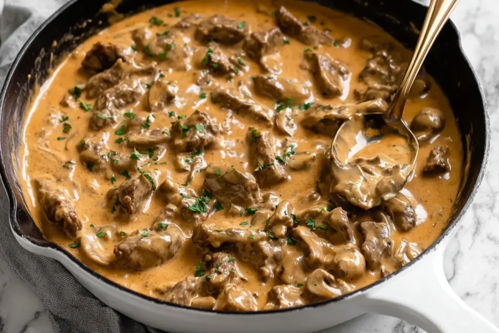 Creamy Gordon Ramsay Beef Stroganoff in a skillet with tender beef, rich mushroom sauce, and fresh parsley garnish.