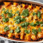 Sweet Potato and Black Bean Enchilada Casserole topped with melted cheese and fresh cilantro in a white baking dish.