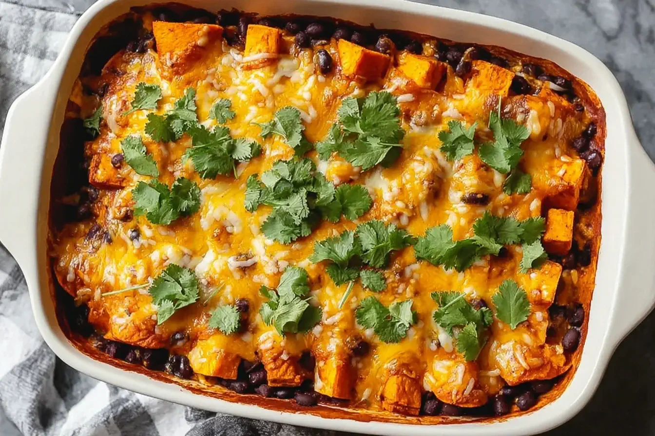 Sweet Potato and Black Bean Enchilada Casserole topped with melted cheese and fresh cilantro in a white baking dish.
