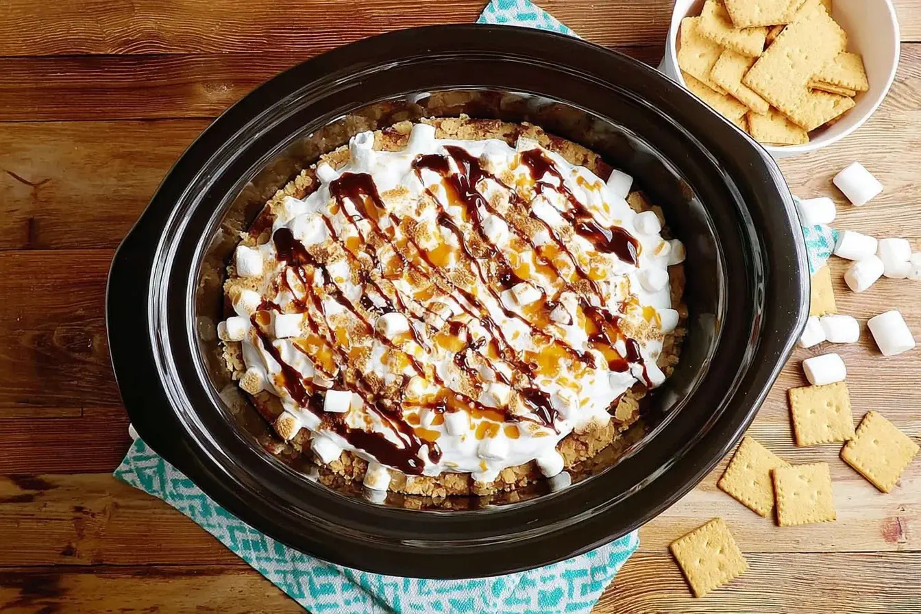 CrockPot S'mores Cake topped with marshmallows, graham crackers, and chocolate drizzle in a slow cooker.