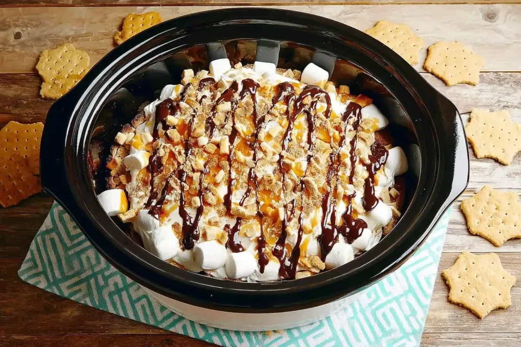 CrockPot S'mores Cake with marshmallows, crushed graham crackers, caramel, and chocolate drizzle in a slow cooker.