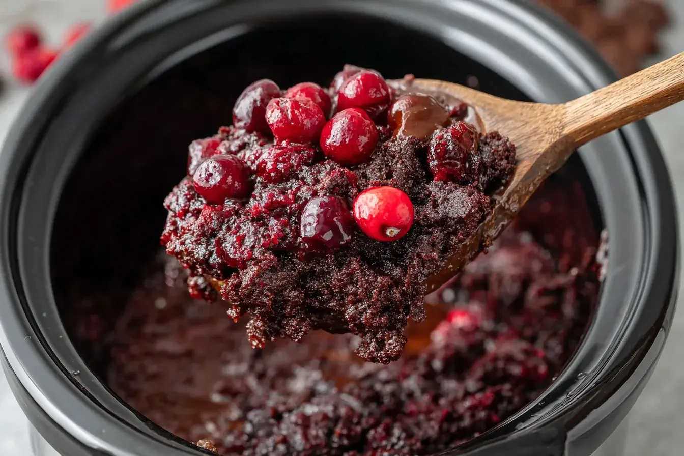 Slow Cooker Chocolate Cherry Dump Cake being served with a wooden spoon from a black crockpot.