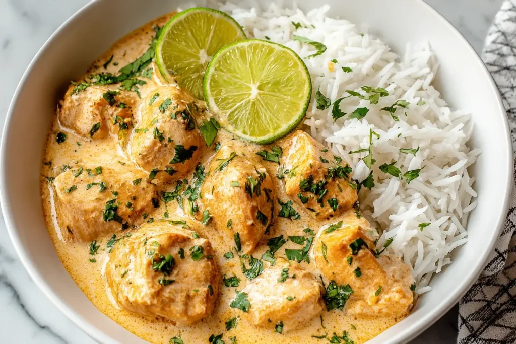 Crockpot Coconut Lime Chicken with tender chicken in creamy coconut lime sauce served alongside fluffy white rice.