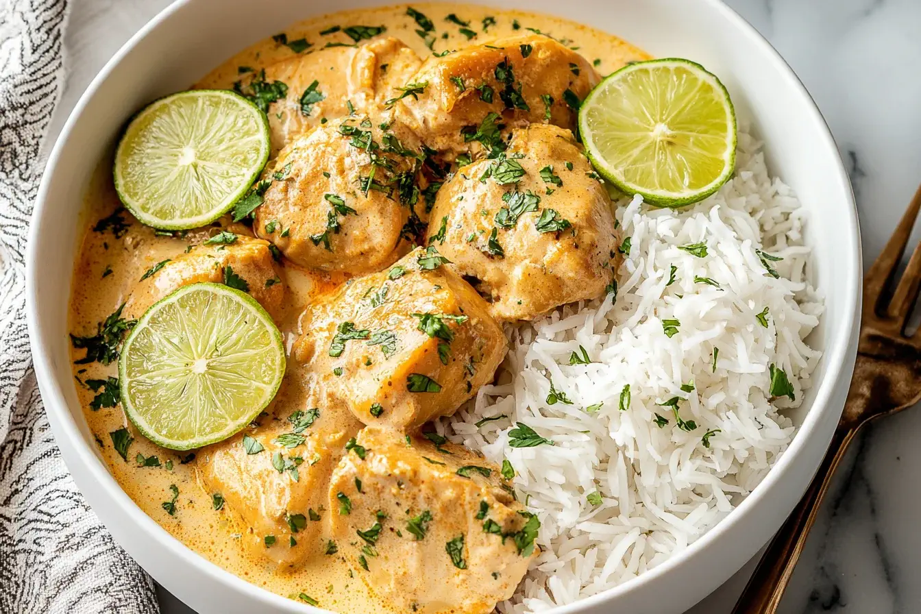 Crockpot Coconut Lime Chicken served with fluffy white rice and fresh lime slices in a creamy coconut sauce.